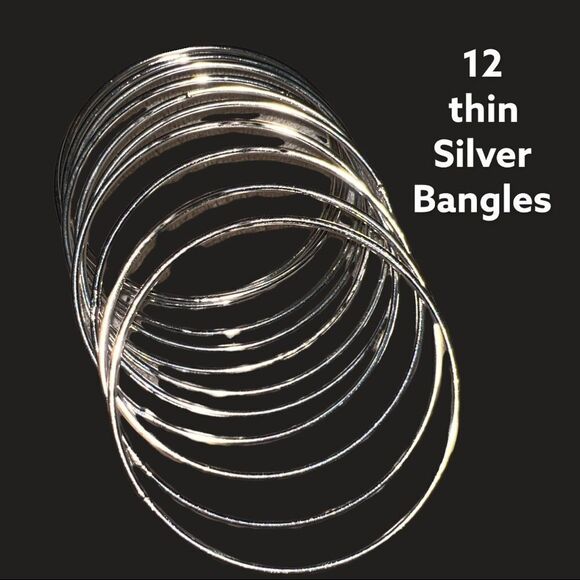 12 silver thin costume bangles - Picture 1 of 4